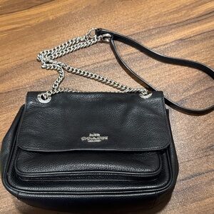 Coach Black Pebbled Leather Chain-Trim Shoulder Bag